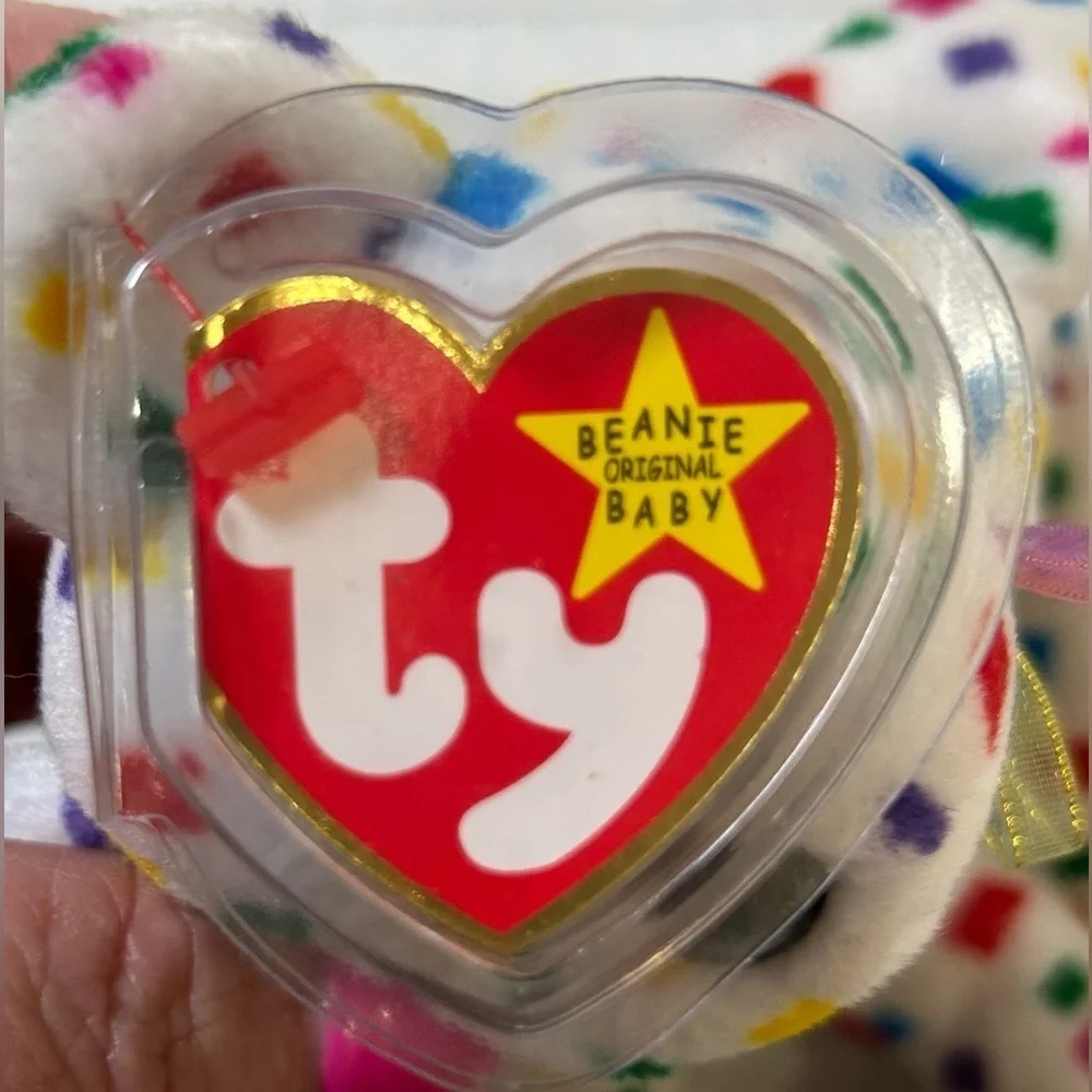Retired, Vintage and Rare Ty Y2K Confetti Bear Beanie Baby with Errors.